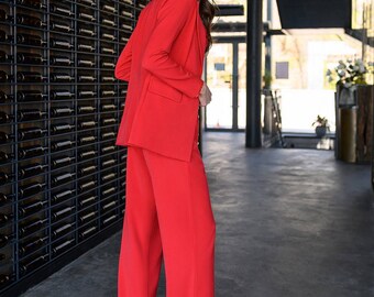 Red Blazer Suit Set for Women Wide Leg 