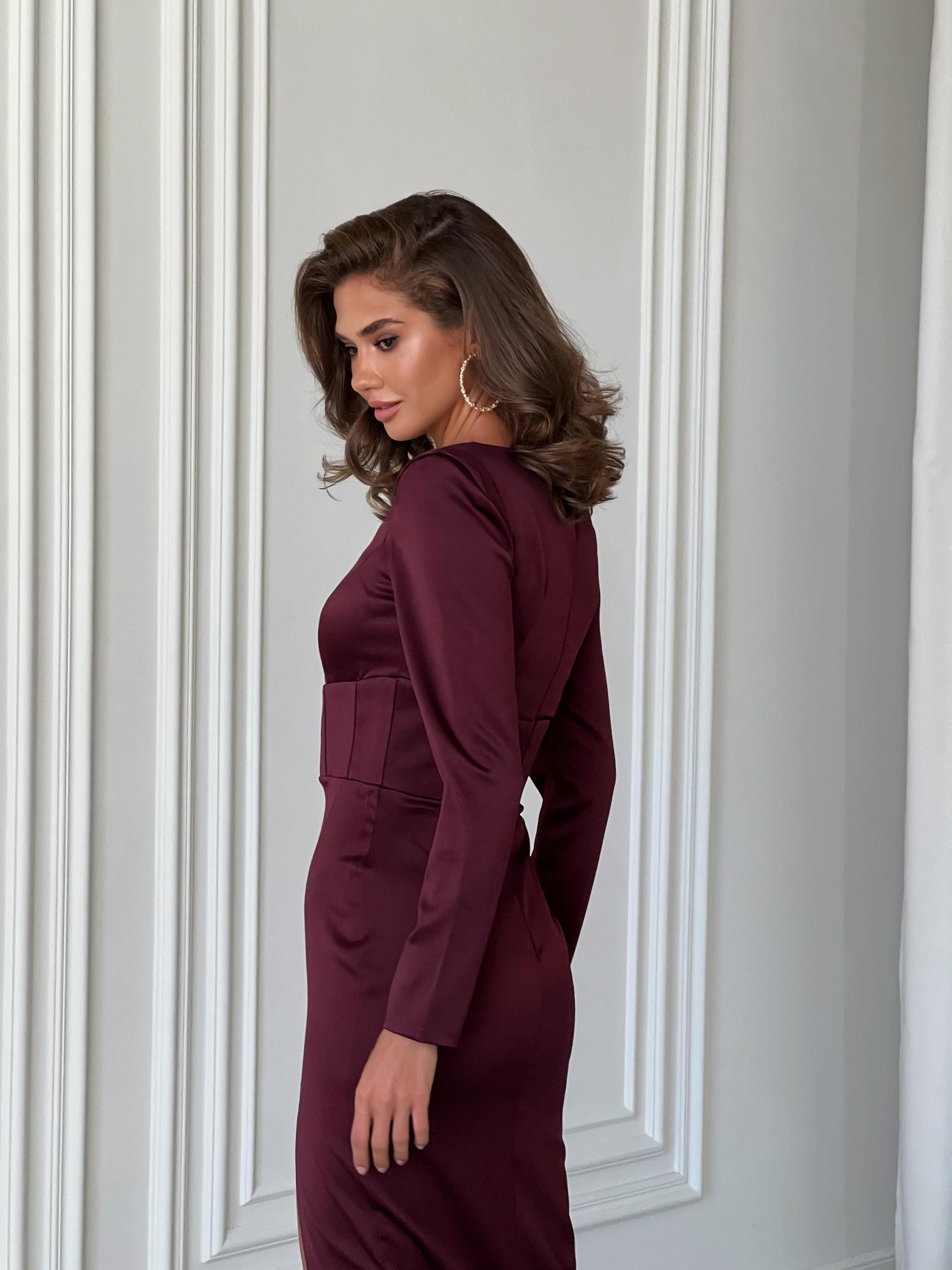 long sleeve tight burgundy dress Long Sleeve Draped Cut Out Detail Maxi Dress Burgundy