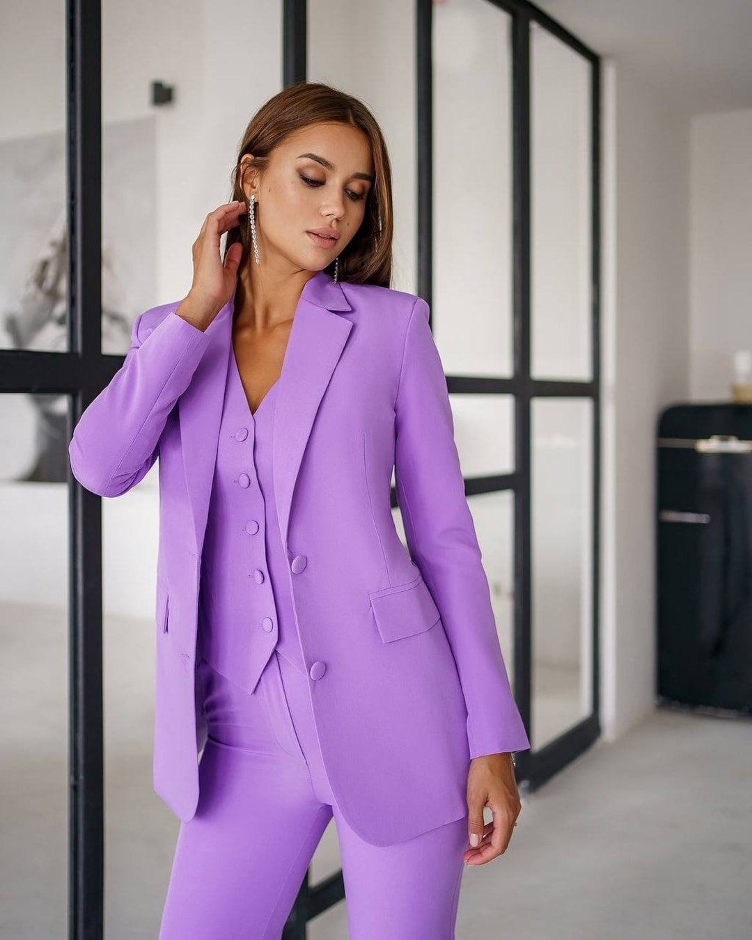 Purple Formal Pants Suit for Business Women, Tall Women Pantsuit