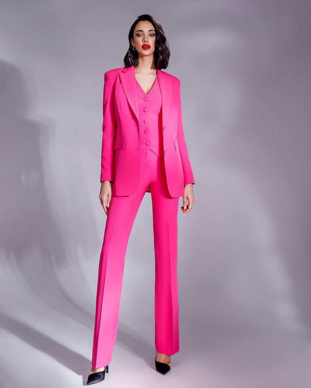 Hot Pink Pantsuit for Tall Women, Business Women Suit With Vest, Pink ...