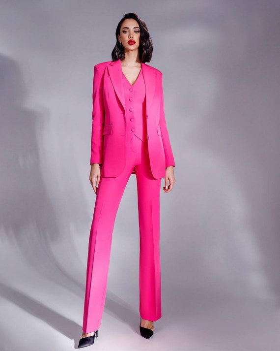 Hot Pink Pantsuit for Tall Women, Business Women Suit With Vest