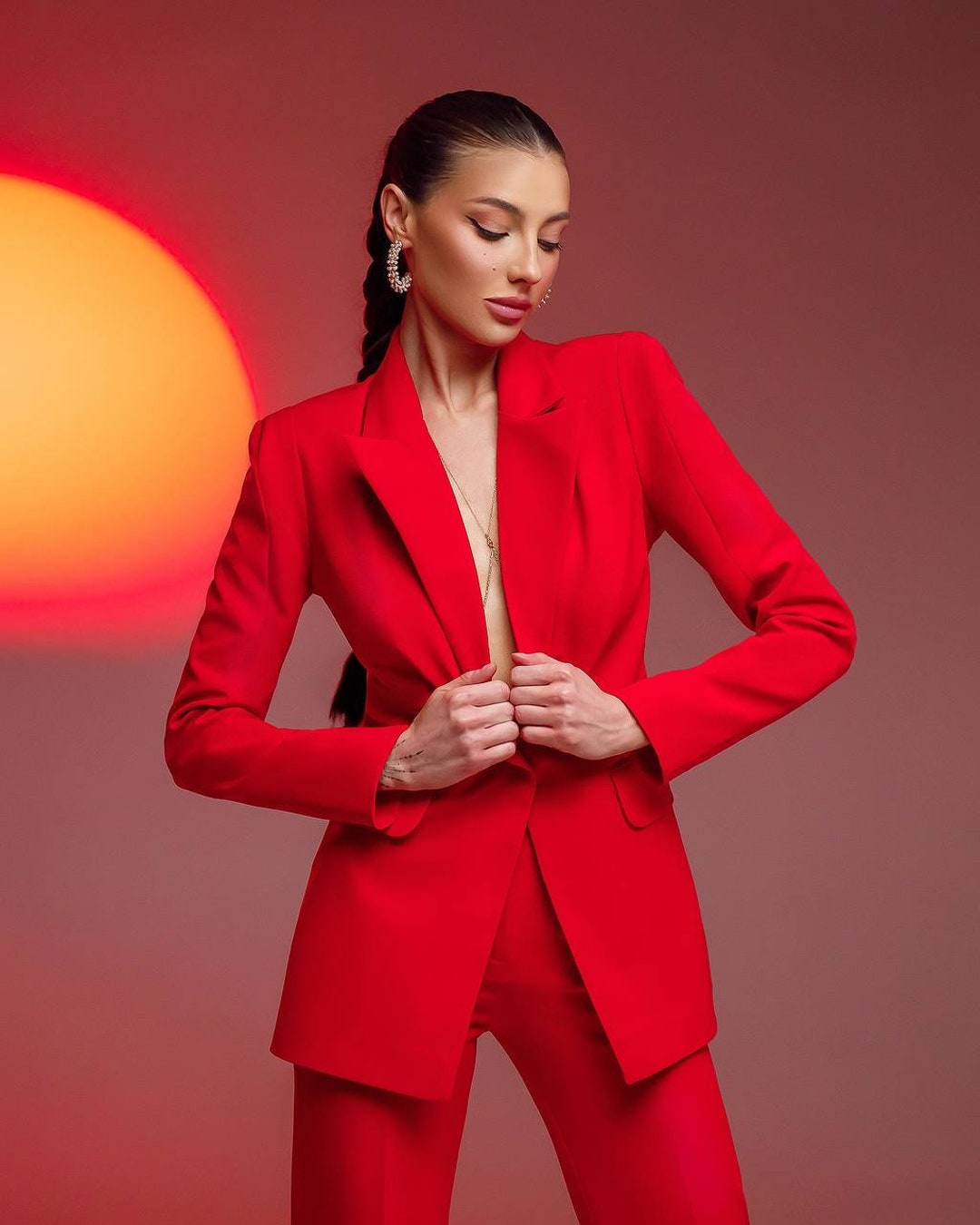 Red Formal Pantsuit for Women, Red Pants Suit for Office, Business Suit