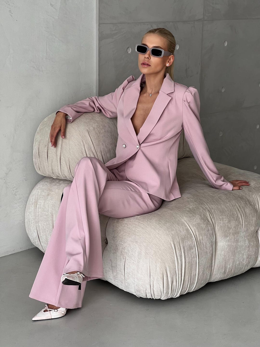 Pale Pink Bell Bottom Pantsuit With Puffed Sleeve Blazer for Tall Women ...