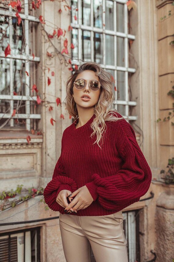 Burgundy Knit Sweater for Women Knit 
