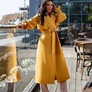 Mustard Yellow Trench Coat Womens, Cotton Trench Coat, Belted Trench Coat for Women, Double-Breasted Trench Coat for Fall