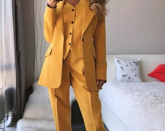 Office Women Piece Suit With Slim Fit Pants, Buttoned Waistcoat