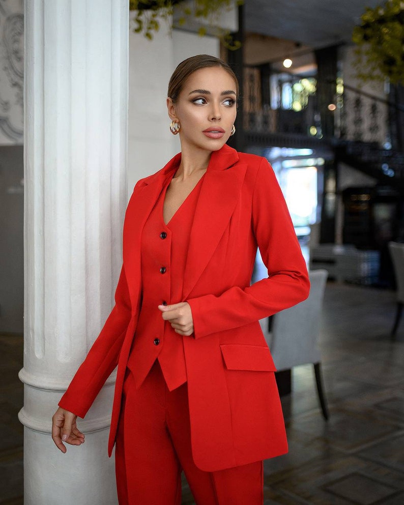Red Office Women 3-piece Suit With Slim Fit Pants Buttoned | Etsy