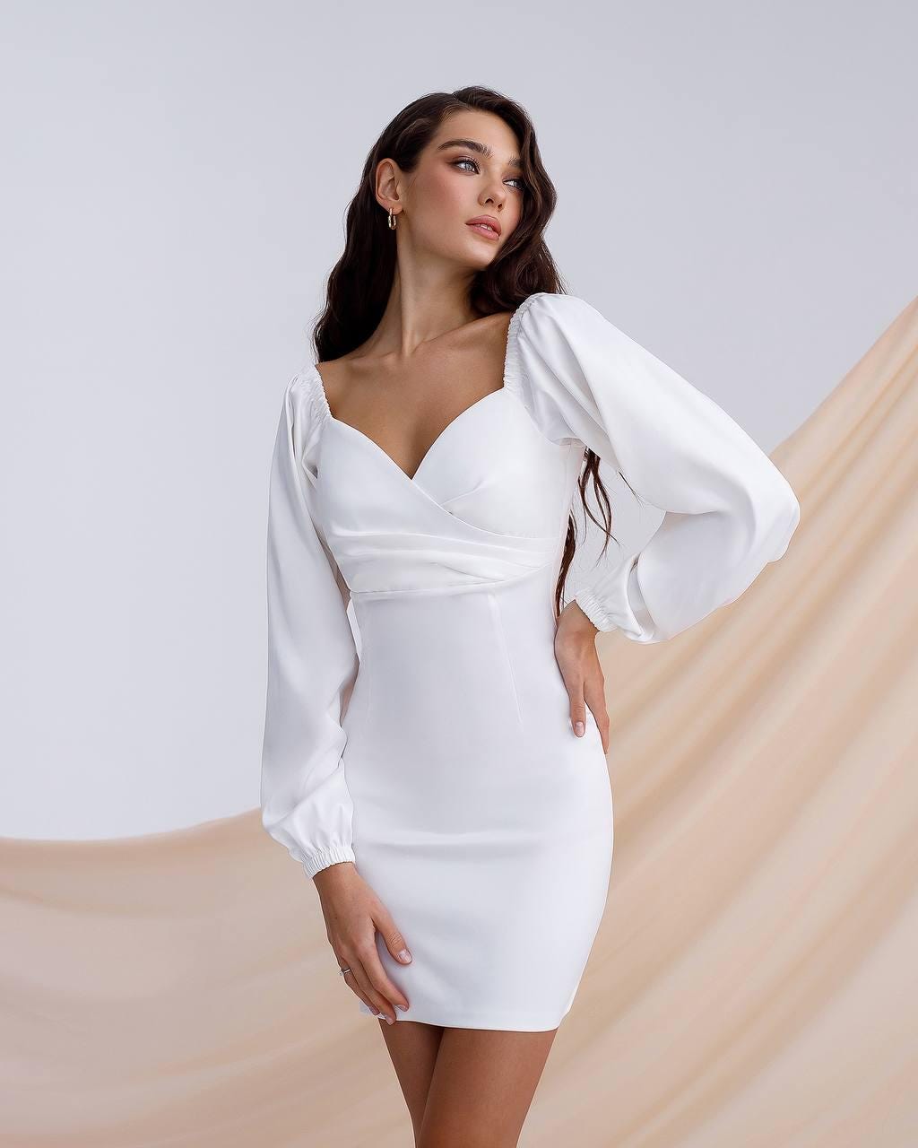 White Silk Satin Mini Dress, Voluminous Long Sleeves, Sweetheart Neckline -  Etsy