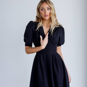 Black Midi Dress With Short Voluminous Sleeves, White Summer Modest Midi Dress for Women, Casual Office Dress for Women