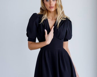 Robe mi-longue noire à manches courtes volumineuses, robe mi-longue blanche d'été modeste pour femme, robe de bureau décontractée pour femme