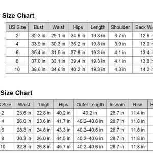 May include: Two size charts are presented against a white backdrop, detailing measurements for blazers and trousers. The blazer chart shows bust, waist, hips, length, shoulder, and back width in inches. The trousers chart includes waist, thigh, hips, outer length, inseam, rise, and hem width in inches.