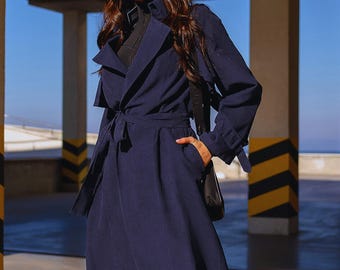 Navy Blue Belted Double-Breasted fall/spring trenchcoat