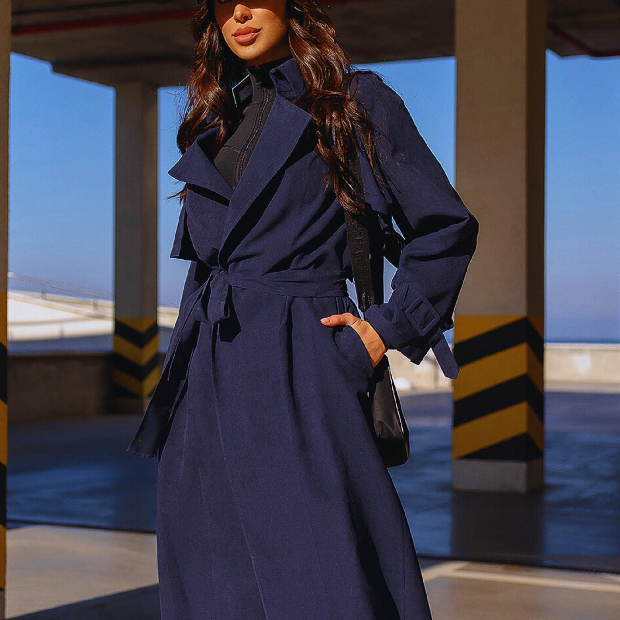 Navy Blue Trench Cotton Trench Coat, Belted Trench Coat for