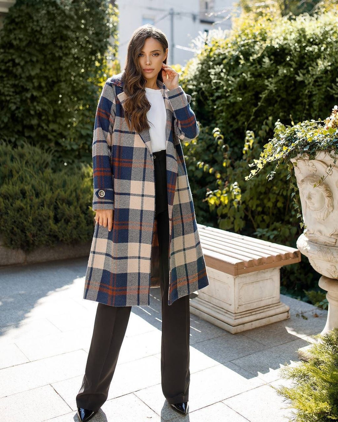 Olivia Mark – Chic Plaid Patterned Button Front Longline Trench Coat –  Olivia Mark