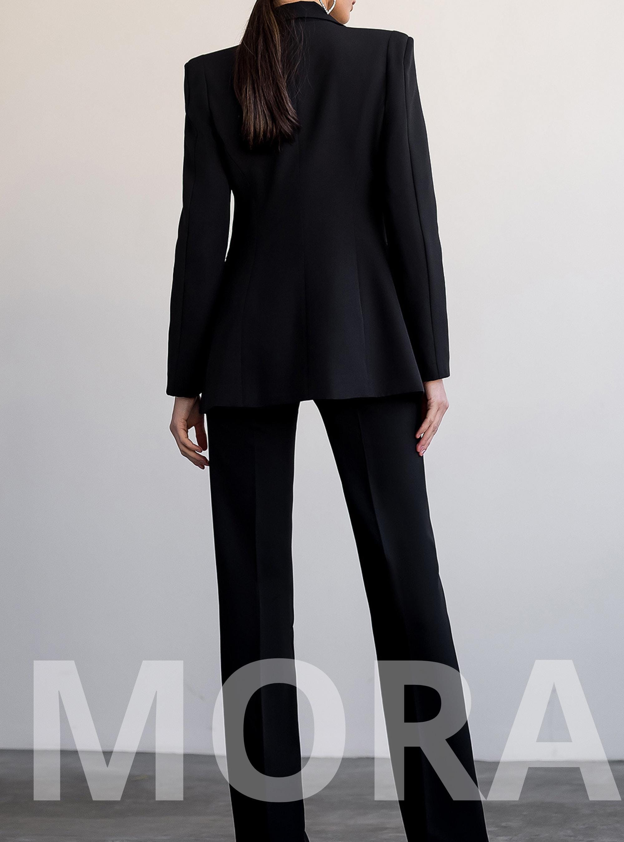 Black Formal Pants Suit with Single Breasted Blazer and Straight Pants High Waist Black Blazer Trouser Suit for Women Black office suit