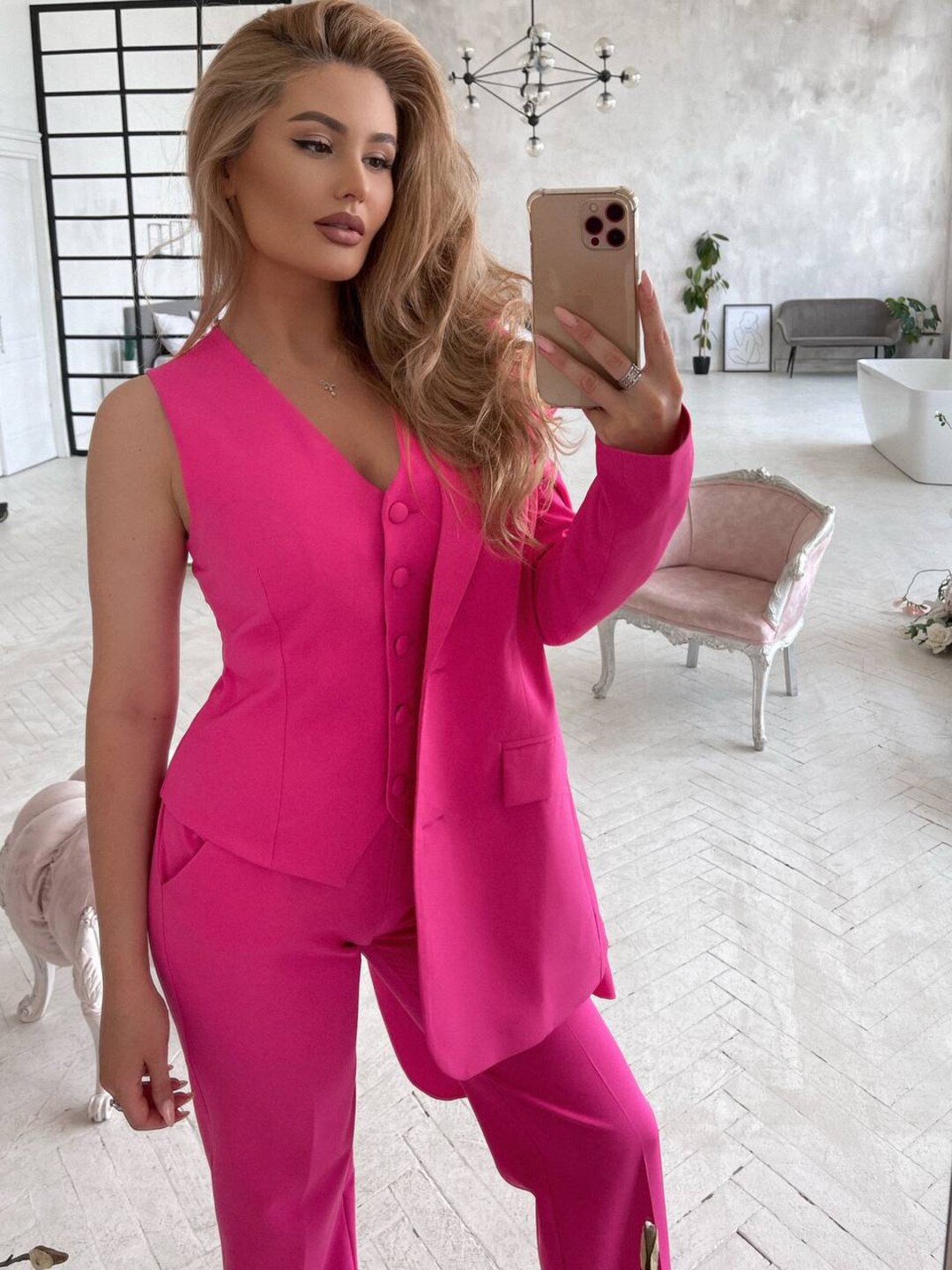 Hot Pink Formal Pantsuit for Women, Business Women Suit With Vest, Pink