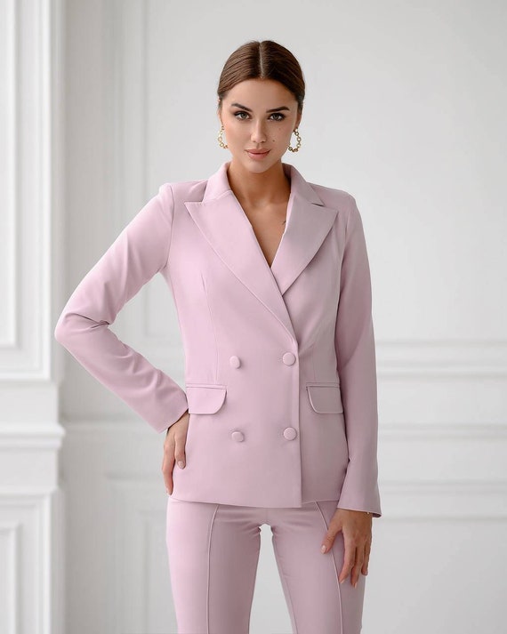 Dusty Pink 2-piece Blazer Trouser Suit for Women, Black Pantsuit