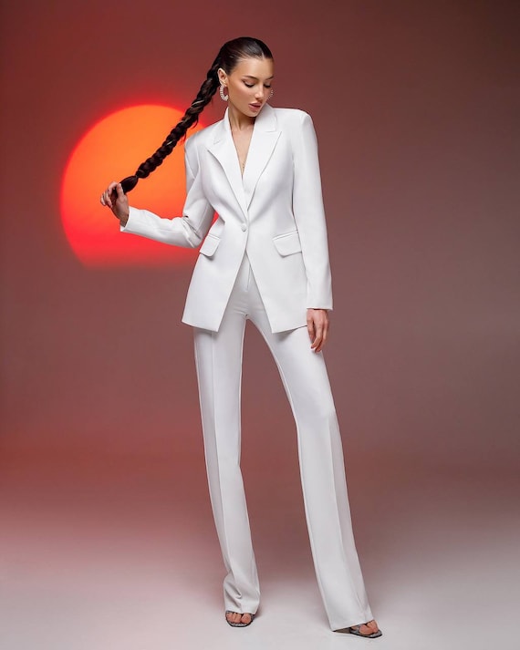 White Formal Pants Suit With Single Breasted Blazer and Straight Pants High  Waist, White Blazer Trouser Suit for Women, Bridal Pantsuit -  Australia