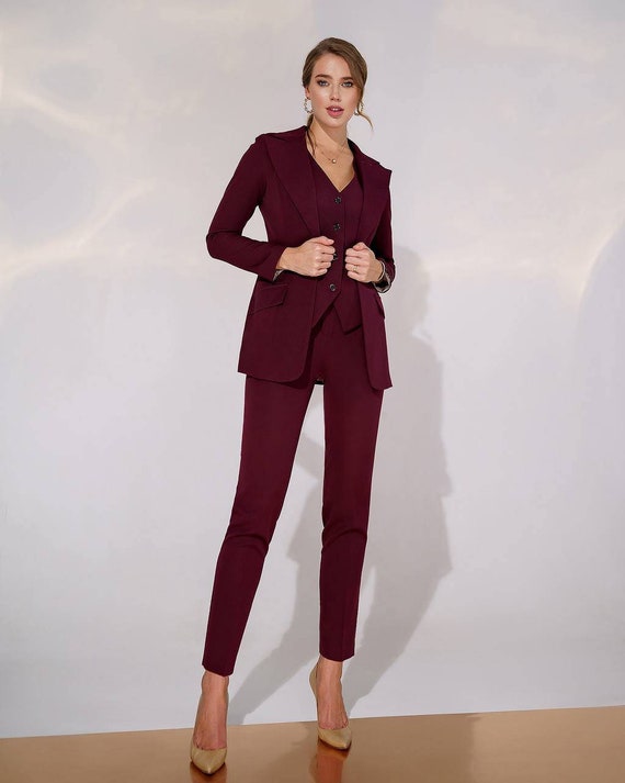 Burgundy Womens Blazer Suit, Office Women 3 Piece Suit With Slim Fit Pants,  Buttoned Vest and Single-breasted Blazer,office Wear for Women -  Israel