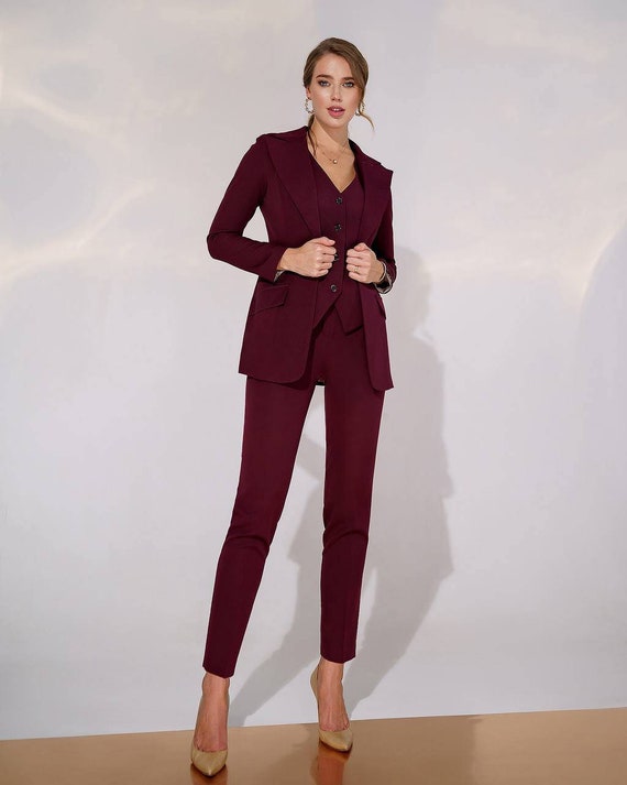 Burgundy Womens Blazer Suit, Office Women 3 Piece Suit With Slim