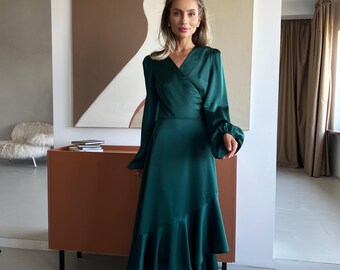 green silk wrap dress long sleeve Silk Long Sleeve Wrap Dress