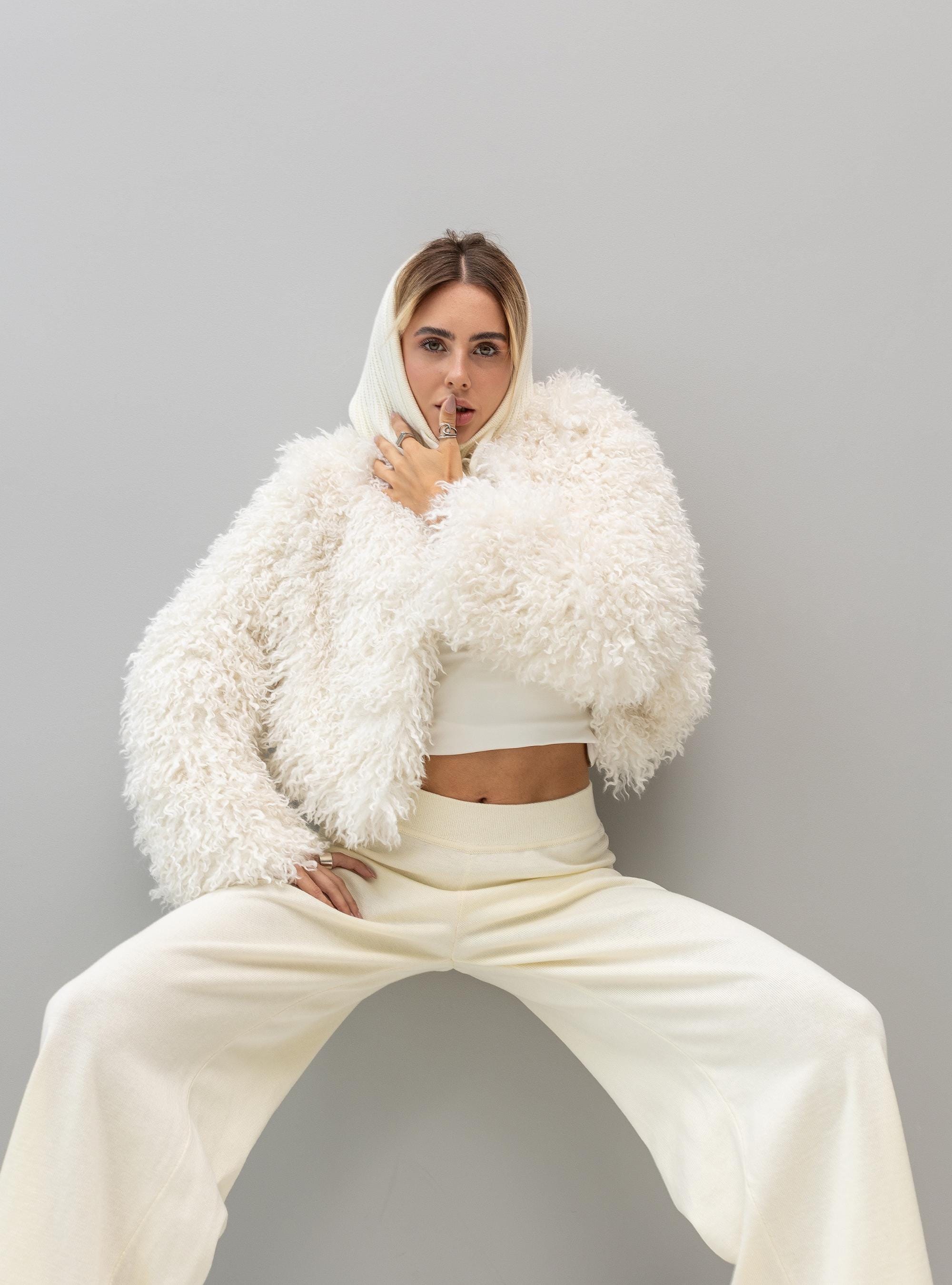 White Short Faux Llama Fur Coat for Mild Winters, Vegan Fur