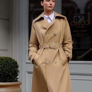 Cotton Trench for Women, Long Trench Coat, Cotton Rain Coat, Belted Double-Breasted Coat for women, Khaki Trench Coat for Women, Women Sprin