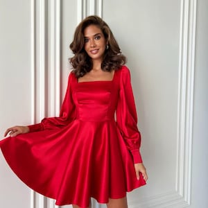 Red Satin Mini Dress with Long Puff Sleeves, Square Neckline Cocktail Party Dress, Fit and Flare Holiday Dress for Wedding Guests Date Night
