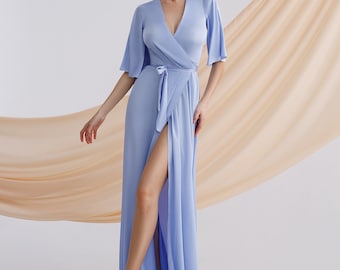 Light Blue Silk Wrap Maxi Dress with Short Sleeves, Sky Blue Silk Maxi Gown for Special Events, Silk Modest Wrap Dress, Wedding Guest Dress