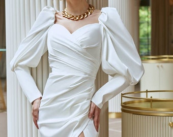 White Satin Midi Dress, Long Cuffed Sleeve Midi dress, Silk Bridal Dress Courthouse Wed, Satin Midi Dress, White Bridal Dress civil wedding