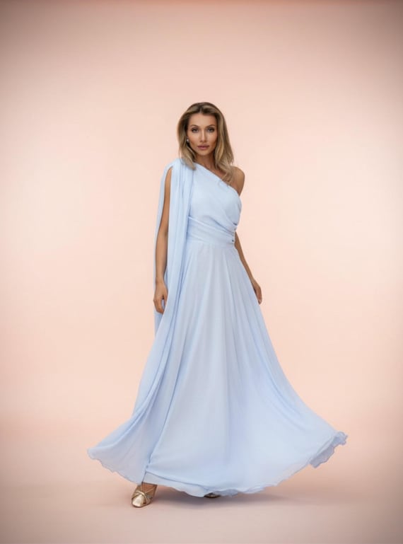 light blue dress and gold shoes Chiffon One-shoulder Maxi With a Cape Drape runway