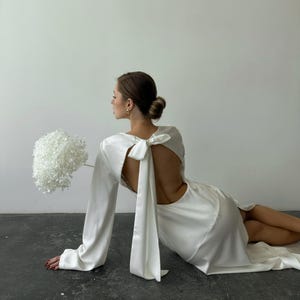 White Maxi Silk Satin Dress with Open Back, Elegant Maxi Elopement Dress, Open Back with Bow Tie white satin gown, Civil Wedding Dress