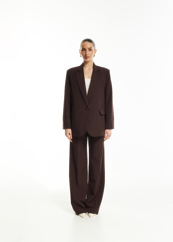 Dark Academia Pantsuit: Chocolate Brown Blazer Wide-leg Trousers