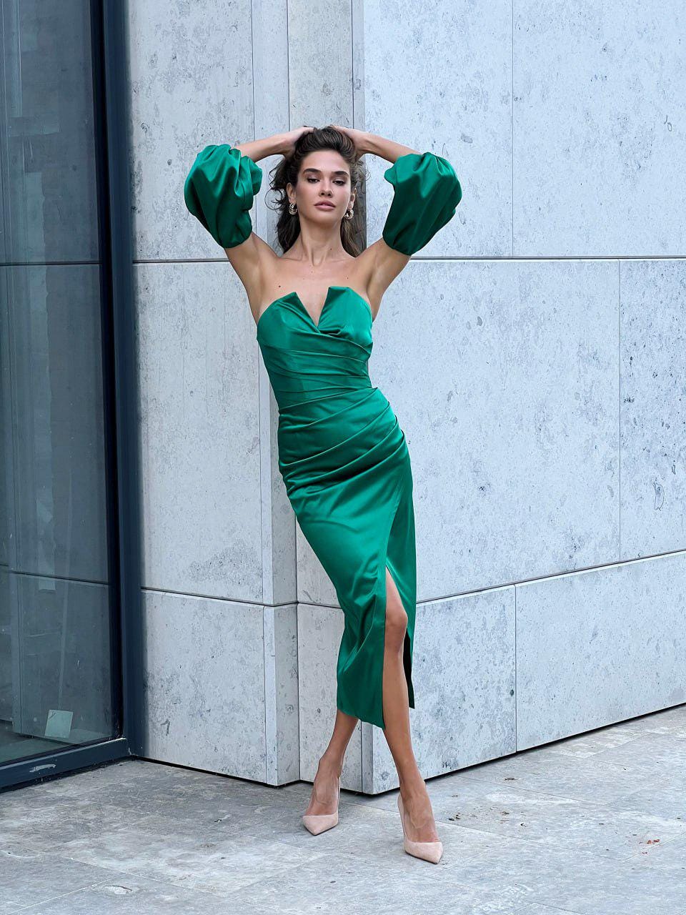 Emerald Green Satin Midi Dress, Detached Puff Sleeves, Cocktail Look