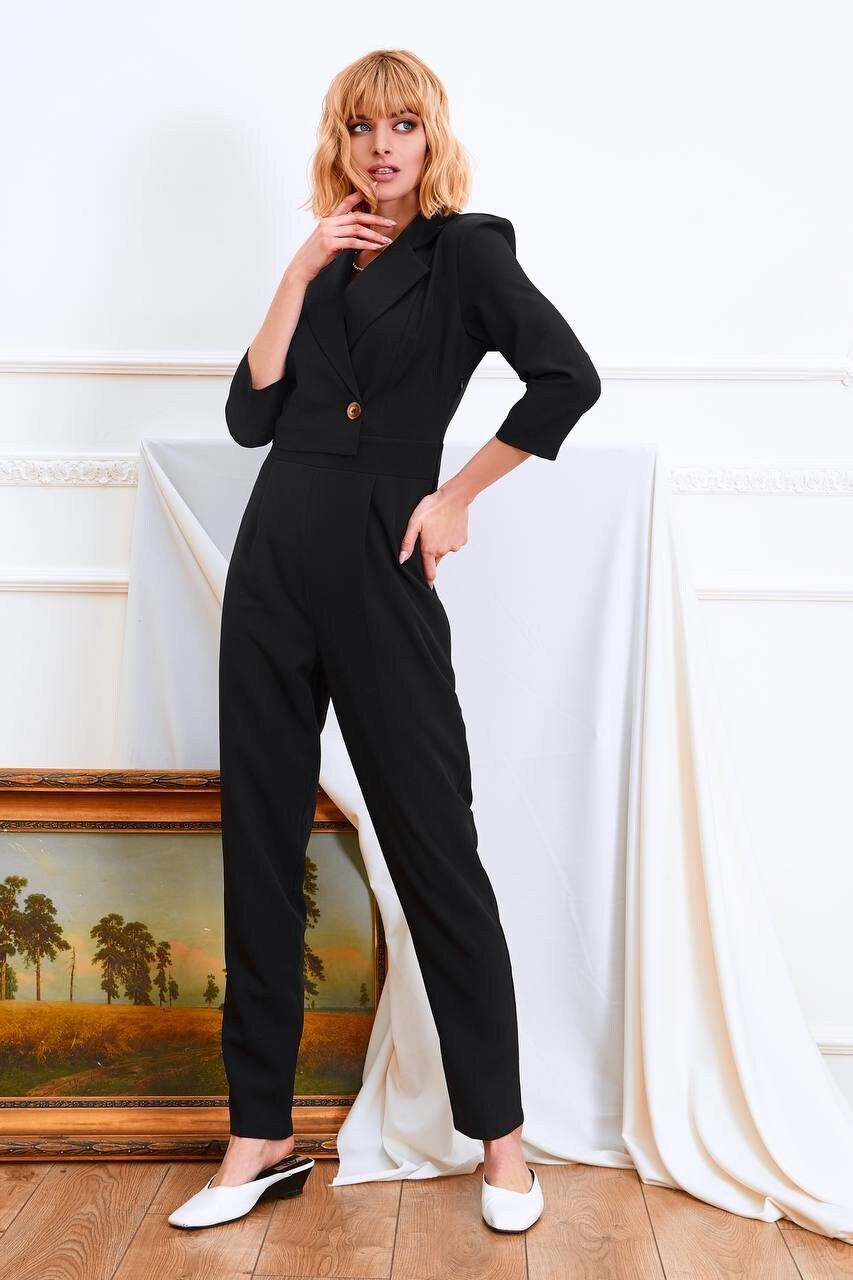 Mono negro sexy de oficina para mujer, elegante con bolsillo y botón de  metal, casual, sin mangas, con cordones, ropa de trabajo (color 01 negro
