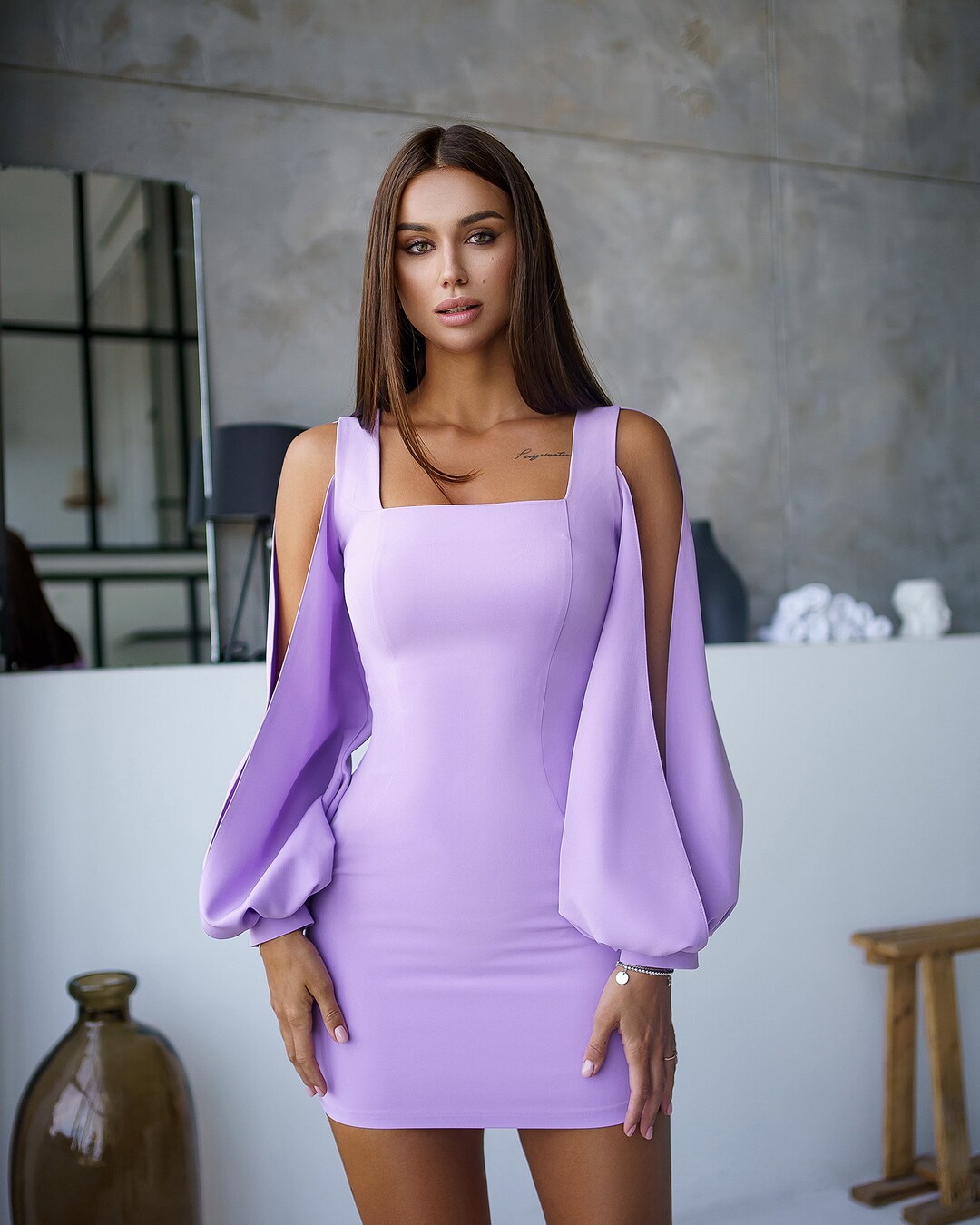 Lavender Mini Dress With Long Sleeves for Special Occasions, Lavender Short Dress, Purple Mini ...
