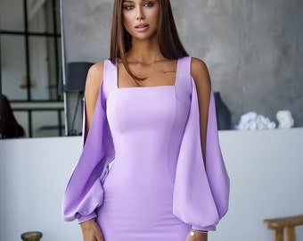 Lavender Mini Dress with Long Sleeves for special occasions, Lavender short dress, Purple Mini Dress Party, Mini Cocktail Dress