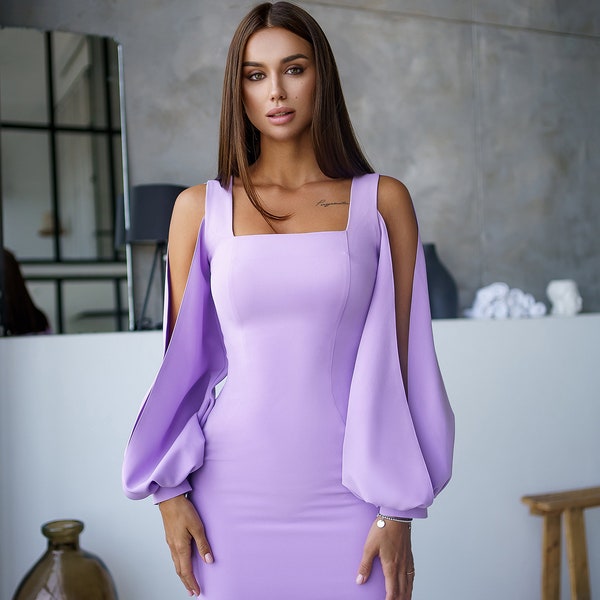 Lavender Mini Dress with Long Sleeves for special occasions, Lavender short dress, Purple Mini Dress Party, Mini Cocktail Dress