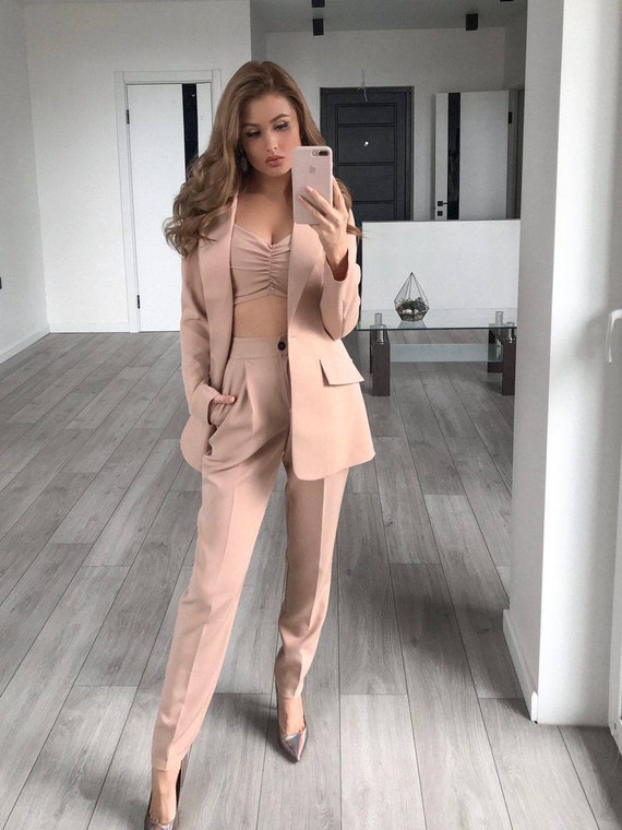 Beige 3-piece Pantsuit for Women, Beige Blazer Trouser Suit for Women With  Bralette Top, Relaxed Fit Blazer and High Waist Pants 