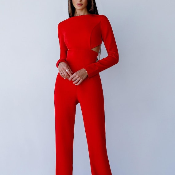 Red Open Back Jumpsuit, Tall Women's Bodycon Romper - Etsy