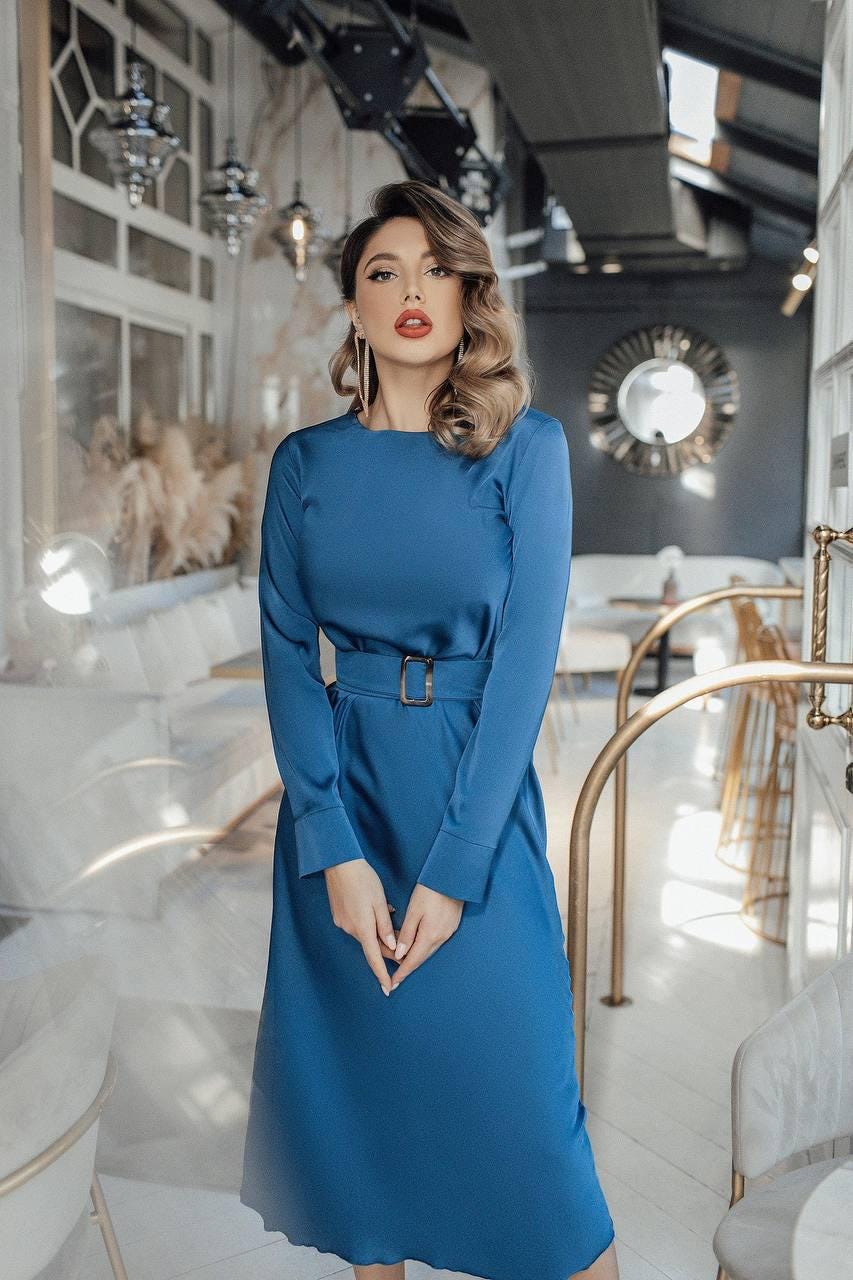 Blue artificial Silk Midi Dress with belt and Long Sleeves Modest Blue artificial Silk Midi Dress with belt and Long Sleeves Modest