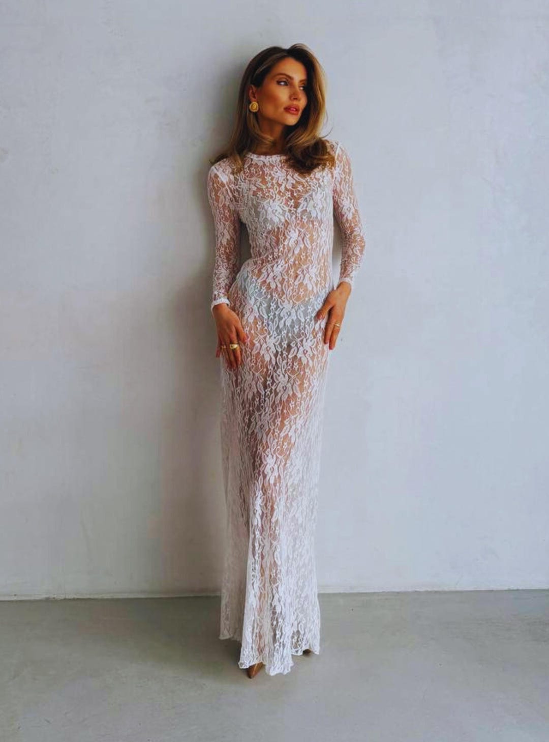 chinese dress ladies Ivory Lace Long Sleeves A-line Chiffon Wedding Dresses, Bridal Gowns, MW526 main image 1