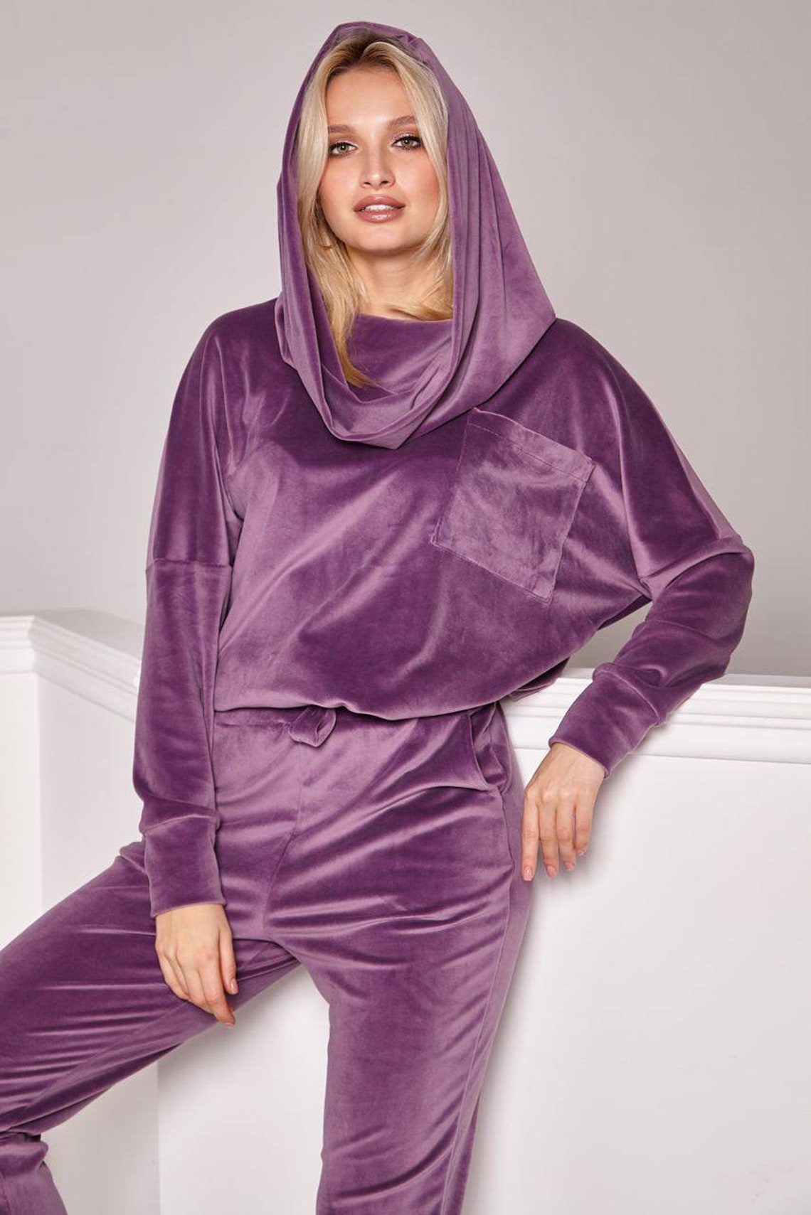 Velvet Tracksuit Set with Large Hood Hoodie Velvet Joggers Etsy