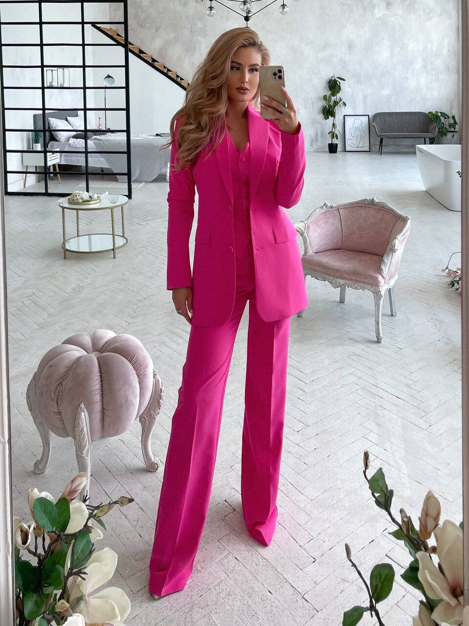 Hot Pink Formal Pantsuit for Women, Business Women Suit With Vest