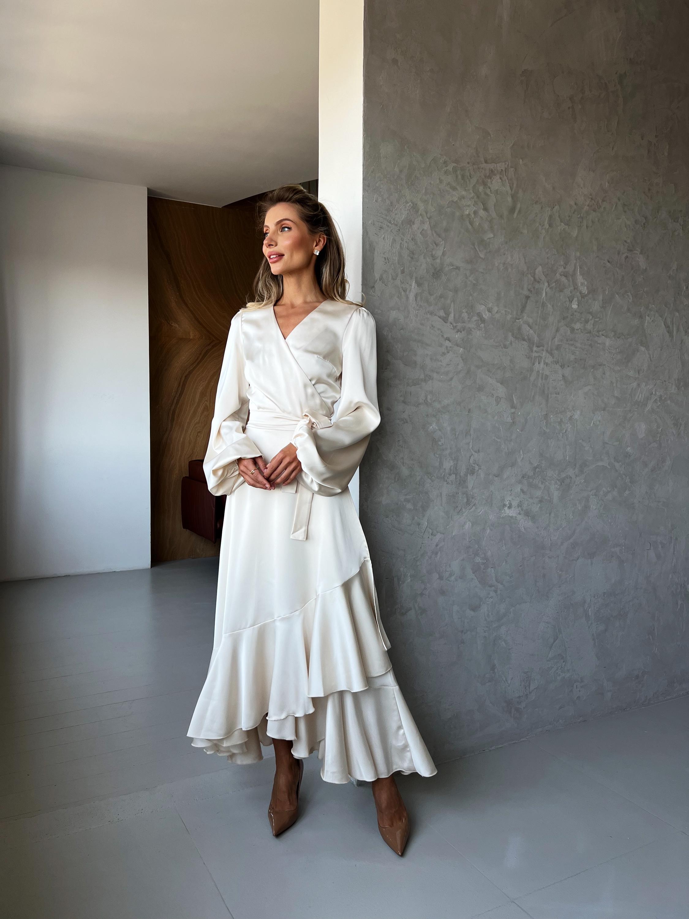 Ivory Silk Wrap Maxi Dress with Long Bishop Sleeves