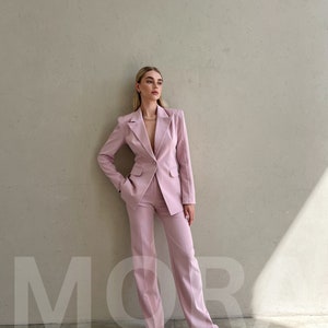 Women Pink Single-Breasted Stretch Formal Pantsuit