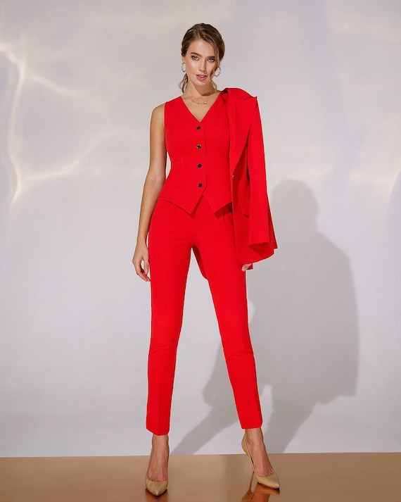 Red Office Women 3 Piece Suit With Slim Fit Pants Buttoned 