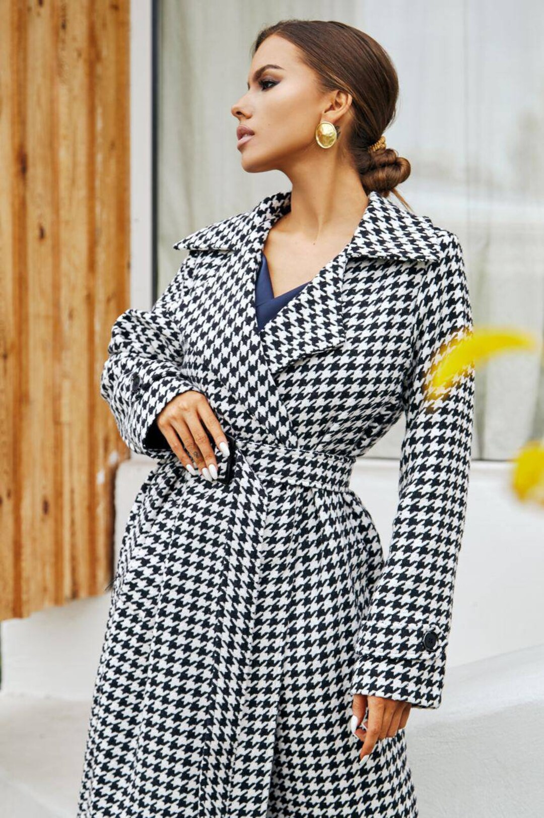 Houndstooth wool coat best sale womens