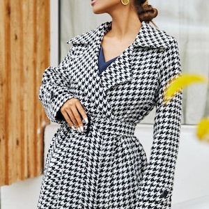 Houndstooth Coat Womens, Long Wool Coat, Belted Wool Coat for Women, Double-Breasted Overcoat for Women, Houndstooth Wool Coat Womens