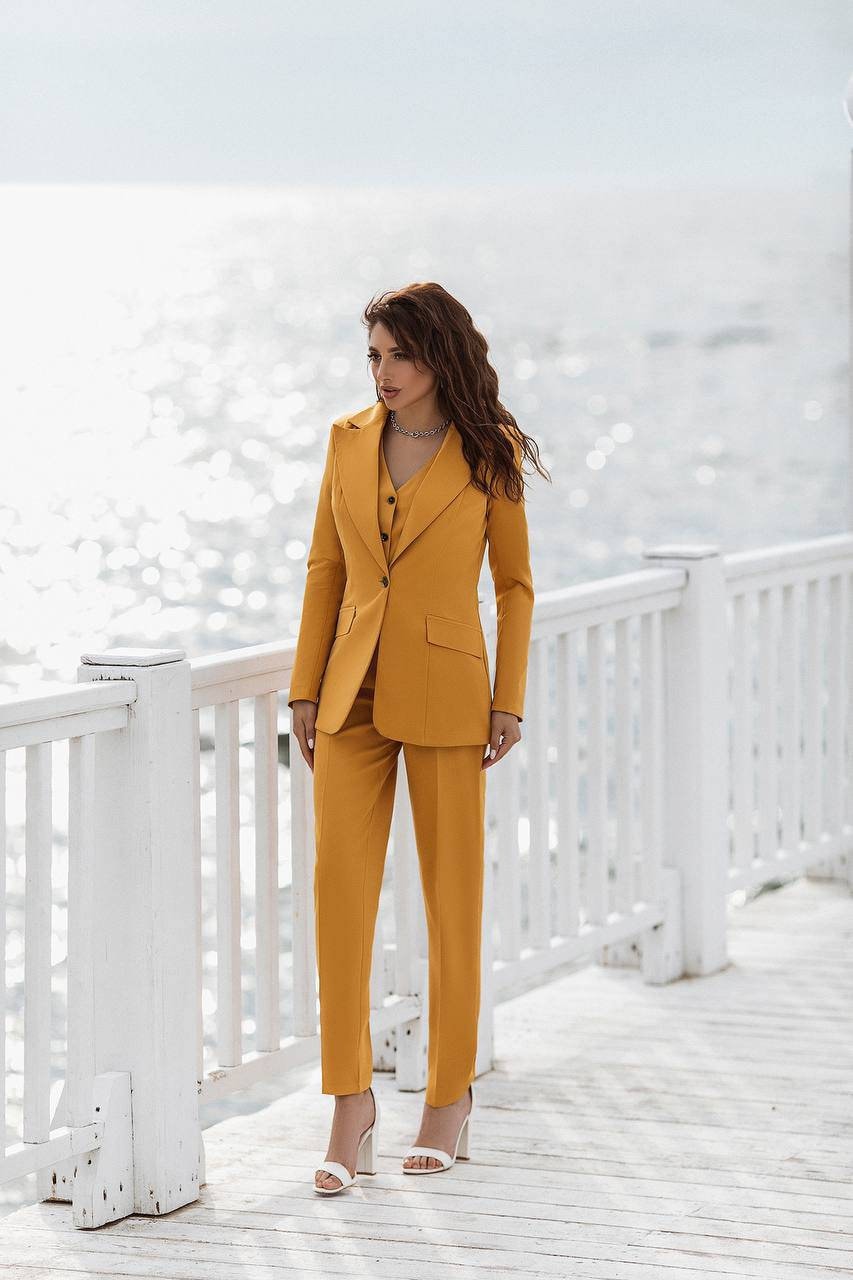 Plain Mustard Yellow Womens Formal Pant Suit, Waist Size: 30.0 at